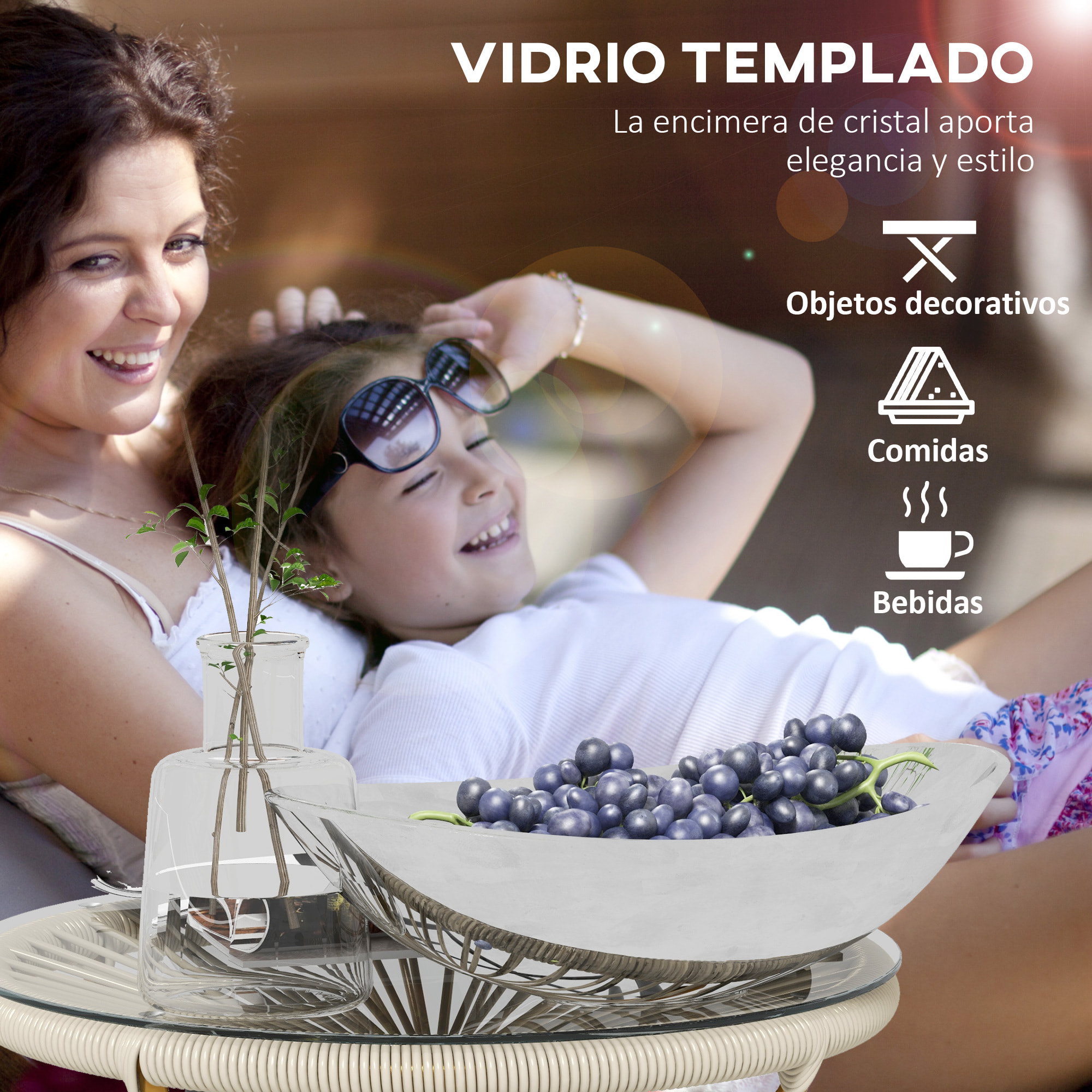 Mesa de Jardín de Ratán Sintético Mesa de Centro Redonda para Exteriores con Tablero de Vidrio Templado y Patas de Metal para Patio Balcón Ø50x50 cm Crema