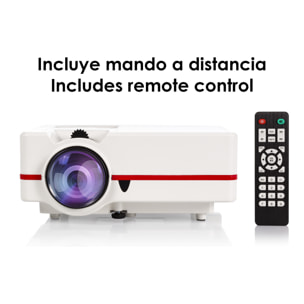 Video proyector LED con duplicación de pantalla para iOS y Android. Hasta 150 pulgadas, contraste 3000:1. Conexiones HDMI, USB, entrada de antena. Mando a distancia.