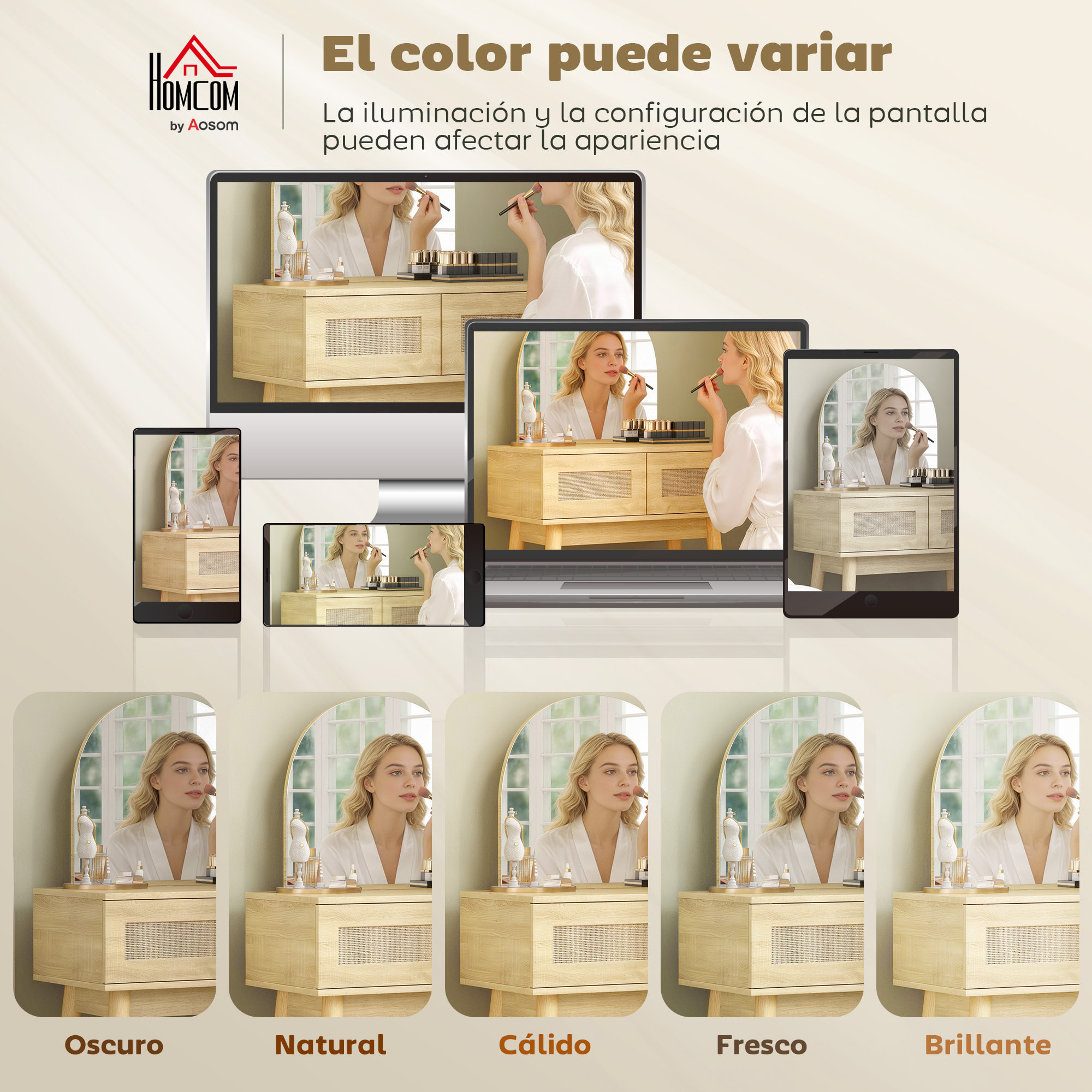 Tocador con Espejo Arqueado, Mesa de Maquillaje con 2 Cajones con Frontal de Ratán, Tocador de Maquillaje para Dormitorio, Espacios Pequeños, Natural