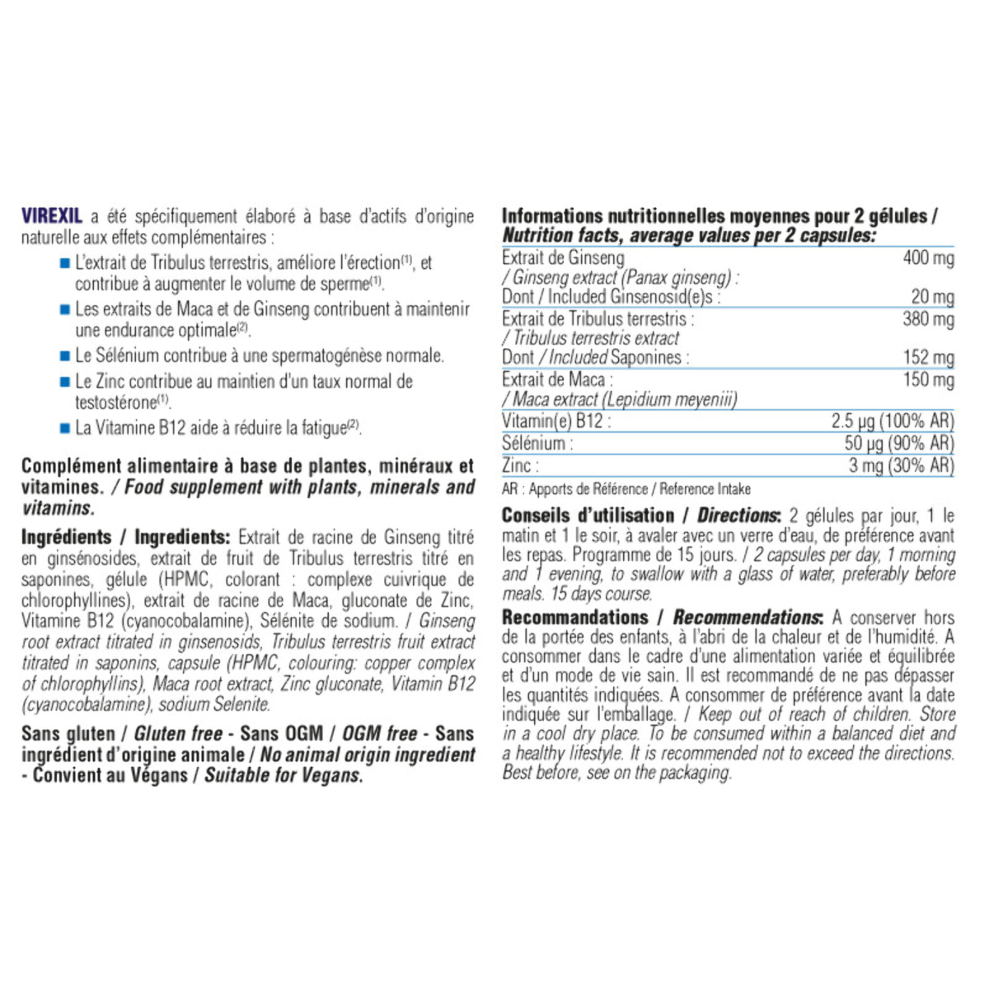 NUTRI EXPERT - Virexil - Aide à maintenir l?endurance - Stimule la libido et le désir - Contribue à une spermatogénèse normale - Complexe aux Actifs stimulants - Actifs d?origine naturelle - Lot de 2