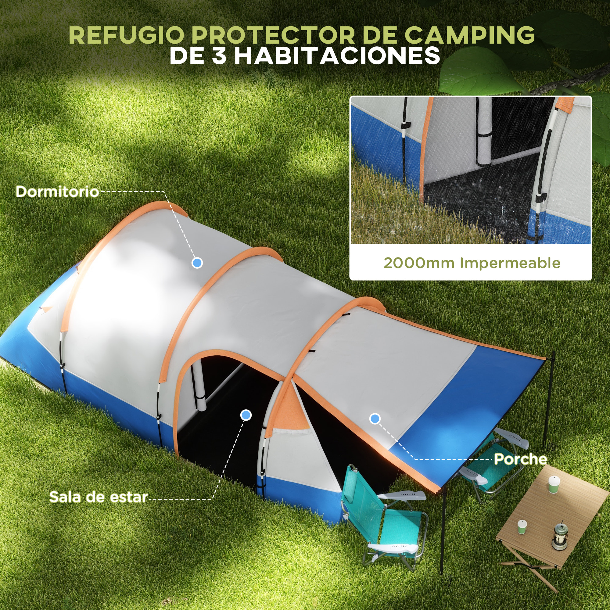 Tienda de Campaña Familiar para 2-3 Personas Tienda de Camping Plegable con 2 Habitaciones y Bolsa de Transporte Impermeable para Senderismo 420x200x150 cm Multicolor
