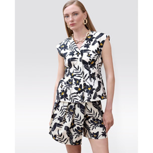 Top in popeline con stampa a foglie di pappagallo e scollo a V