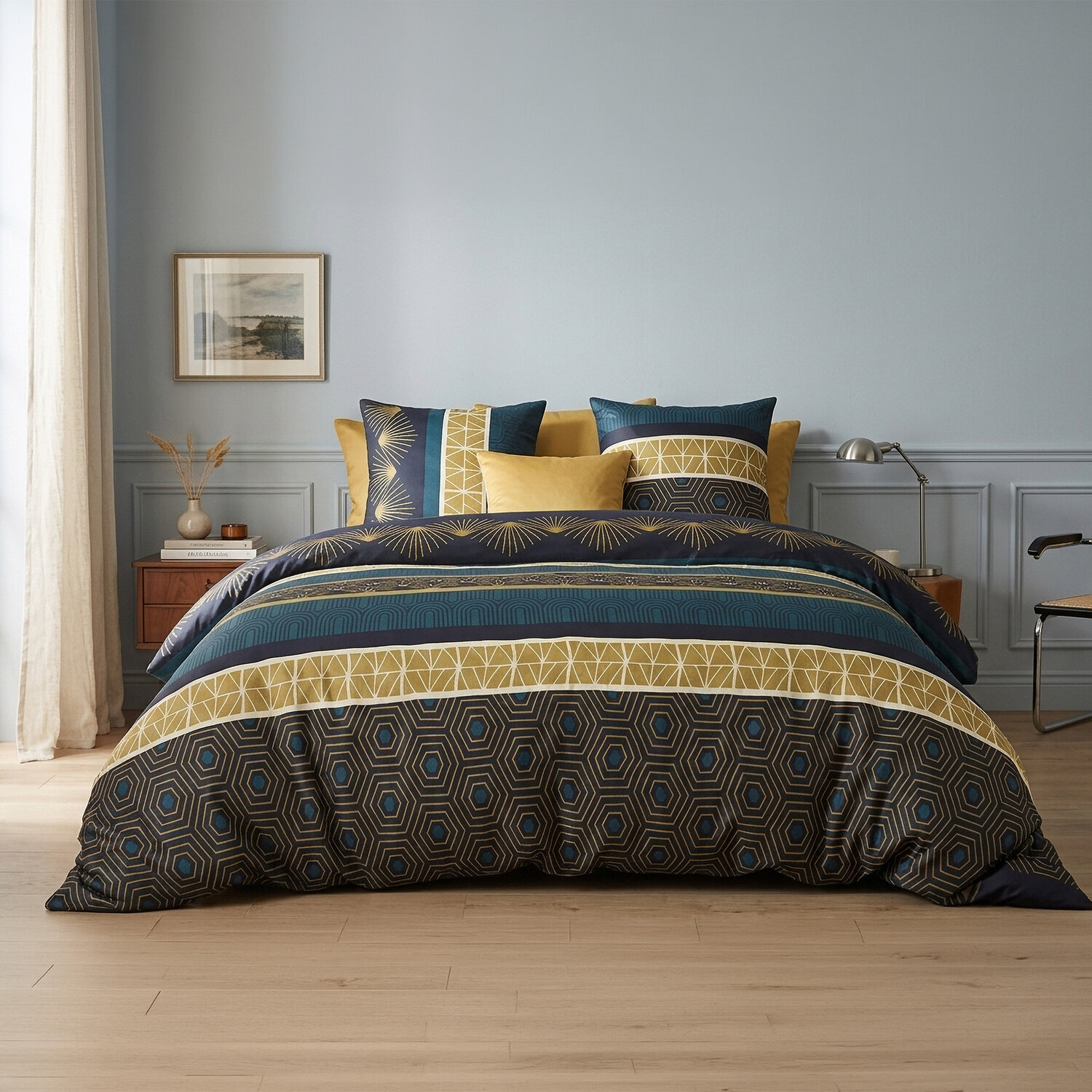 Parure housse de couette imprimé 100% coton - qobe - emeraude