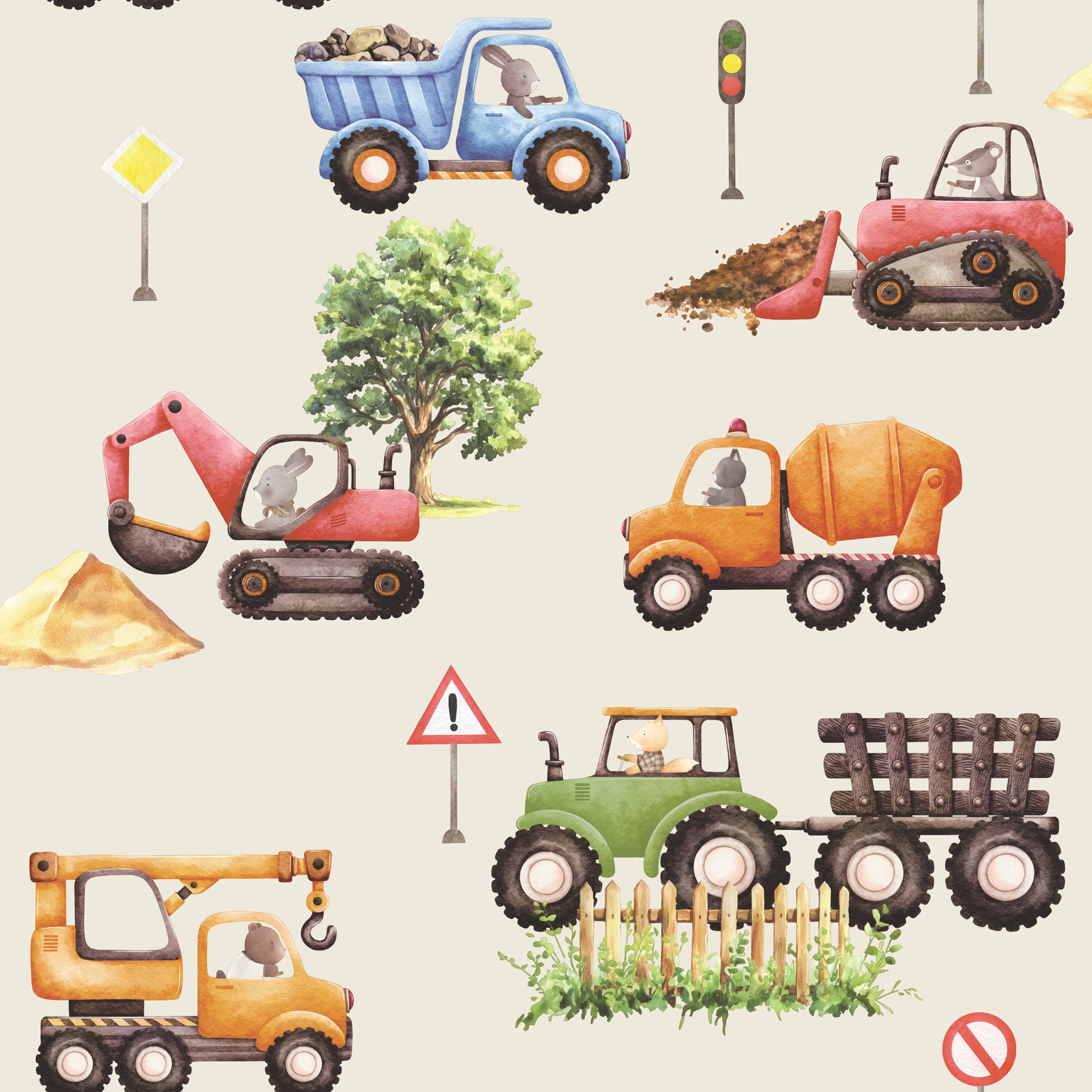 Papier peint engins de chantier animaux enfant