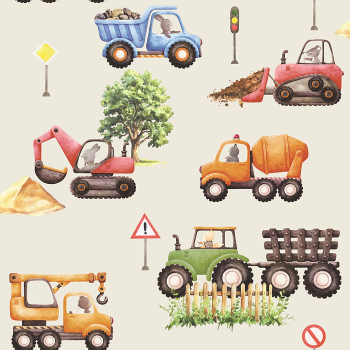 Papier peint engins de chantier animaux enfant
