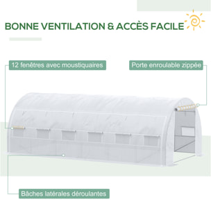 Serre de jardin tunnel 18 m² dim. 5,97L x 3,02l x 2H m - 12 fenêtres, porte zippée enroulable - châssis tubulaire acier galvanisé, bâche PE haute densité blanc