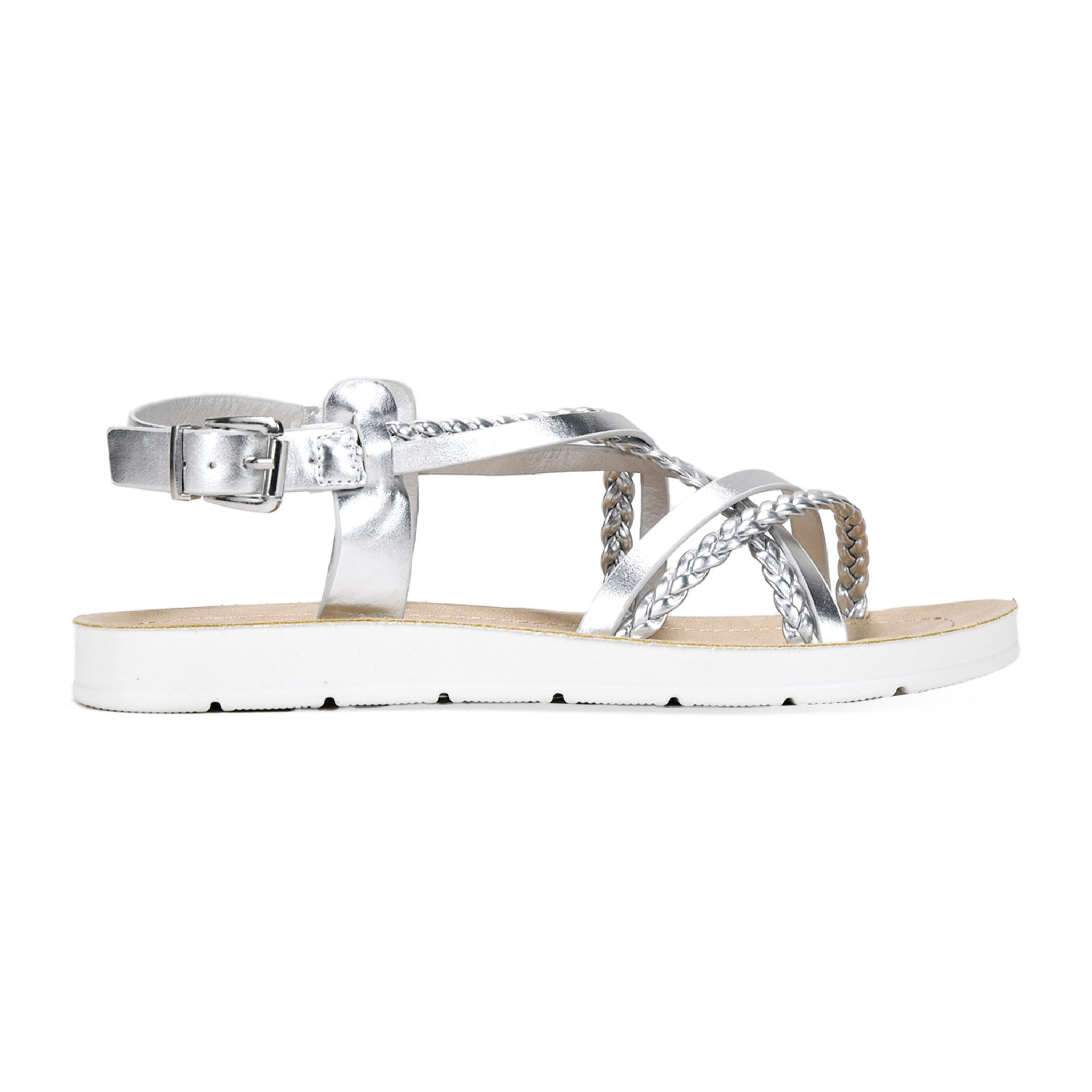 Sandalias planas plateadas con hebilla
