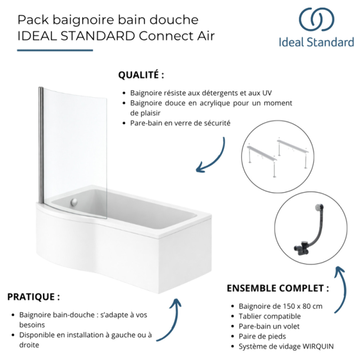 Pack baignoire bain douche 150 x 80 cm gauche Connect Air + tablier + pare bain fixe  + pieds + vidage Chromé