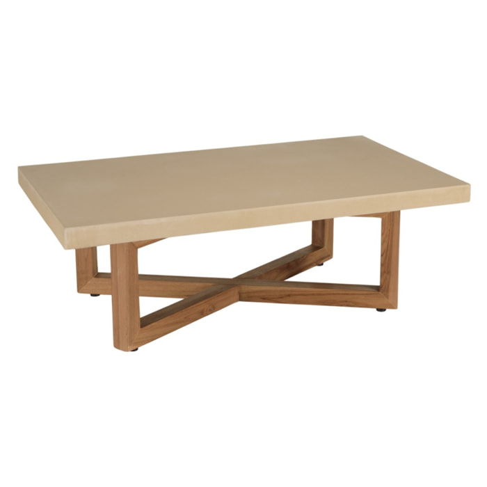 DAK - Table basse rect. 120x70cm en béton beige pieds croisés en teck