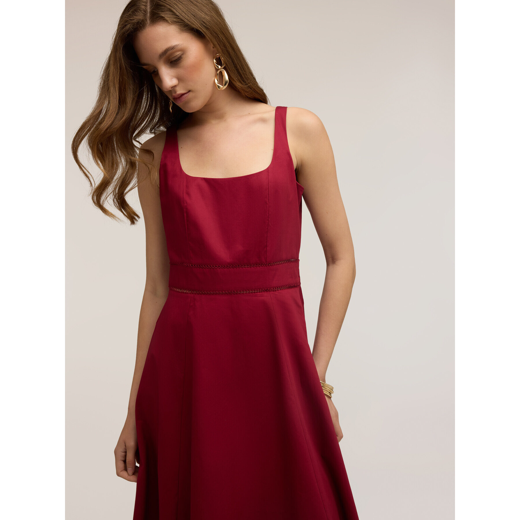 Motivi - Vestido flare en popelín con ajouré - Rojo
