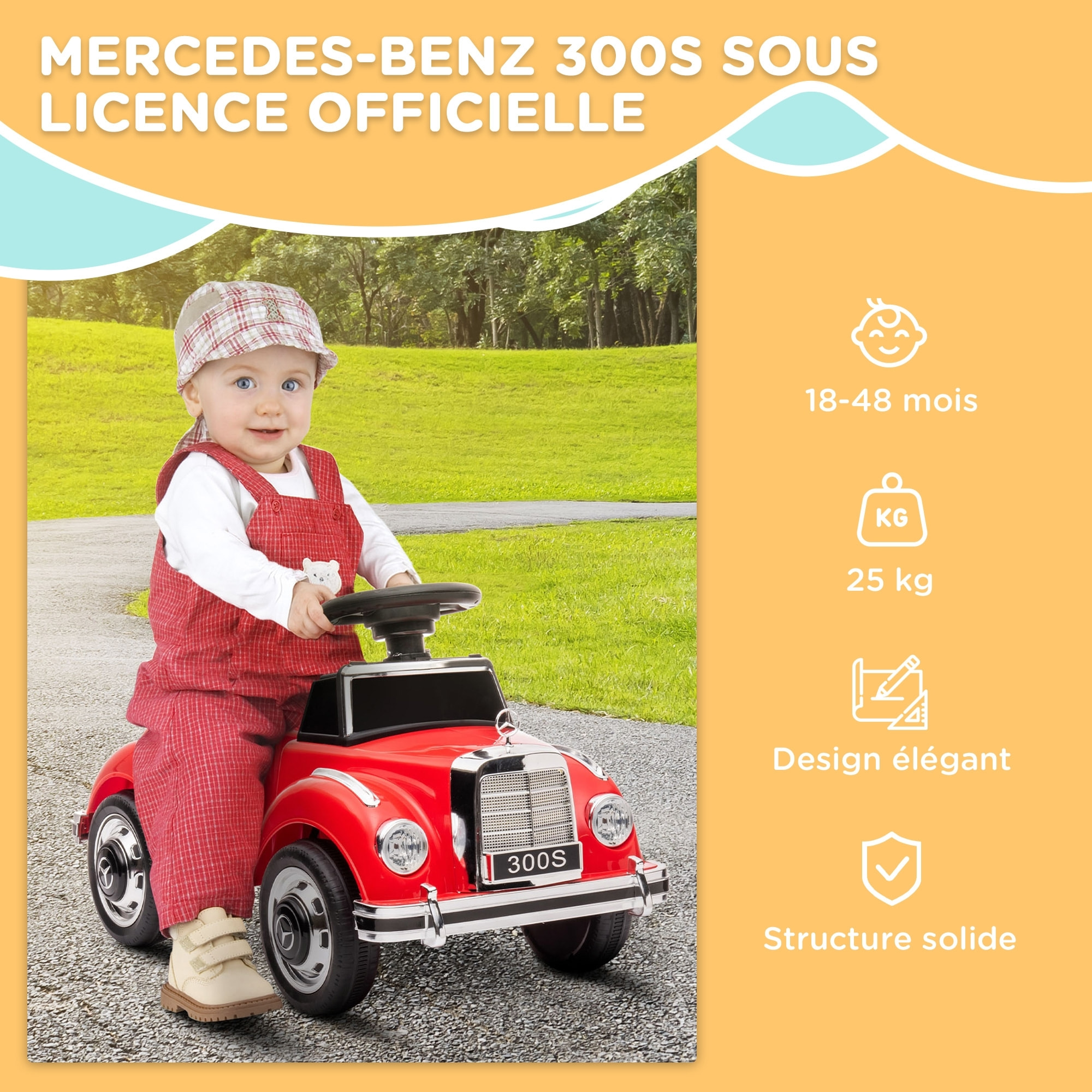 Porteur enfant voiture licence Mercedes-Benz 300S coffre butée arrière anti-basculement rouge