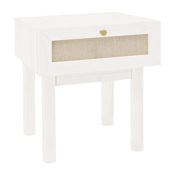 Chevet en bois massif et lin avec un tiroir en blanc de 40x45cm Hauteur: 45 Longueur: 40 Largeur: 37