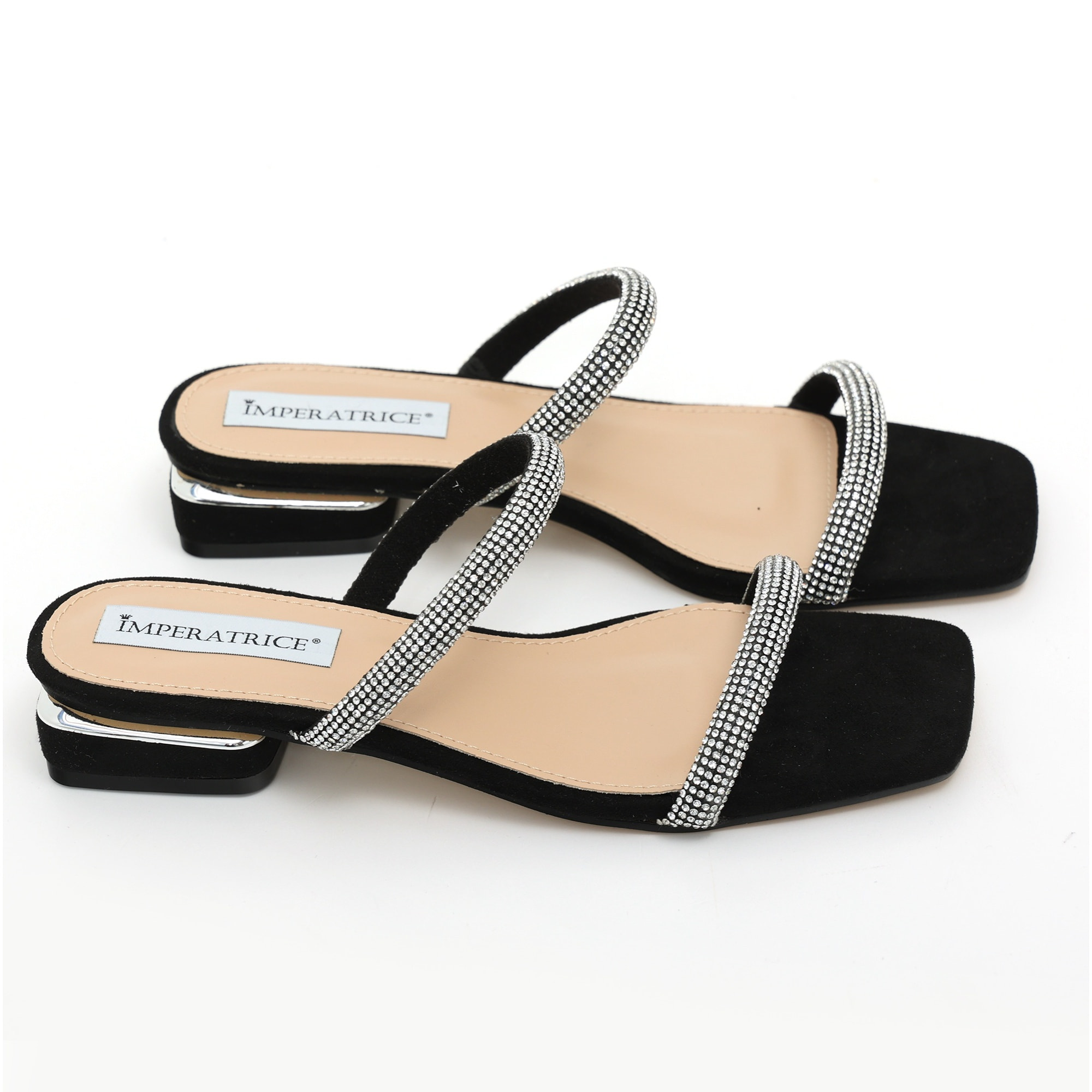 Sandali bassi in simil camoscio con fasce ricoperte di strass