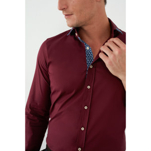 Camicia Uomo 1 Bottone Francese Contrasto sul Collo Popeline Stretch Unito Bordeaux