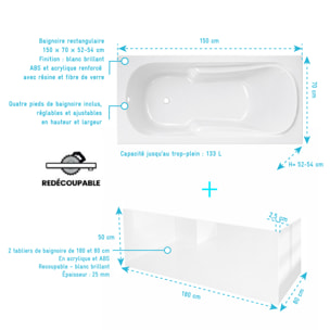 Pack Baignoire 150x70cm avec Tabliers recoupables 180cm et 80cm - Blanc Brillant - MAE