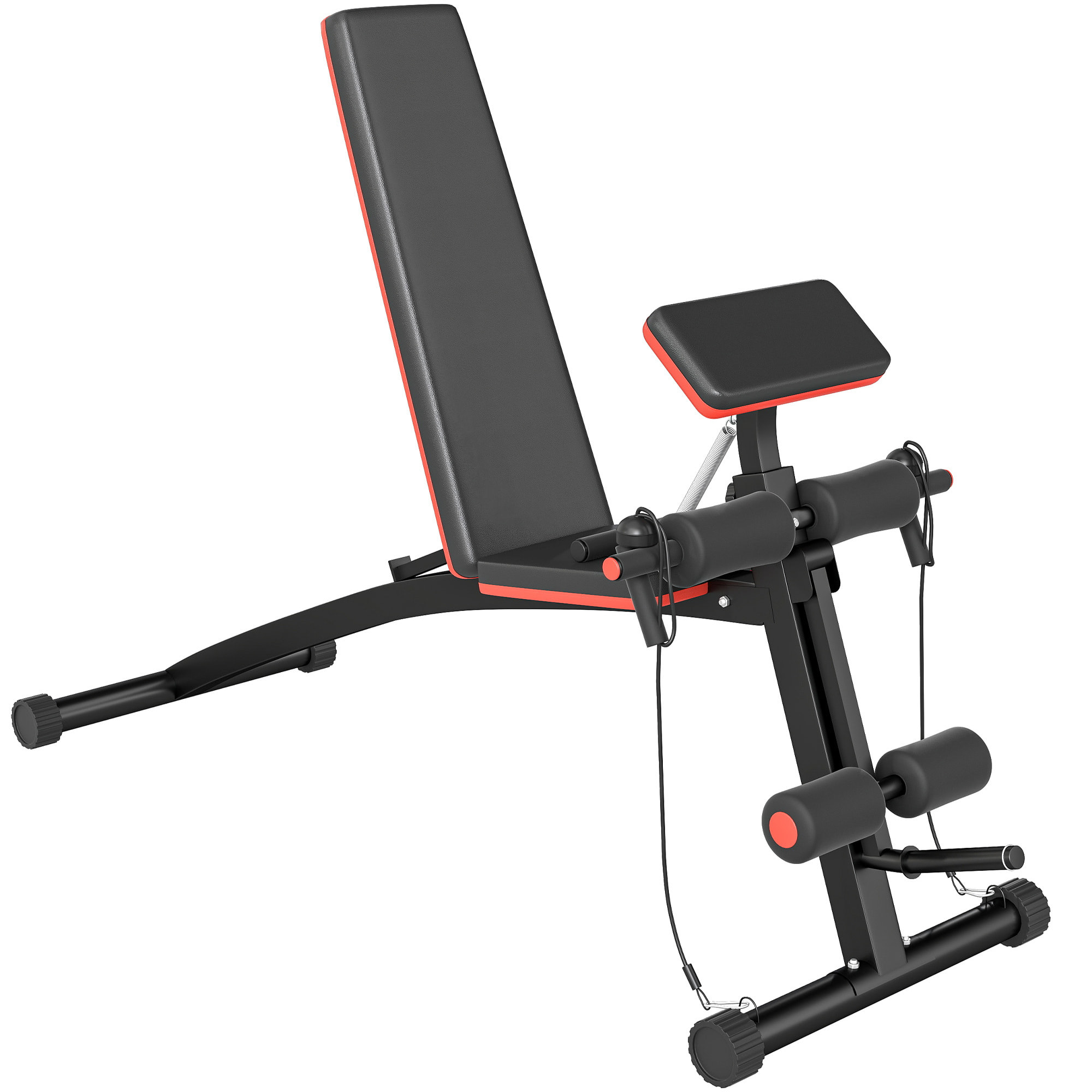 Banco de Musculación Plegable, Banco de Pesas, Respaldo Inclinable de 7 Niveles, Extensión de Pierna, Cojín de Predicador, Banda de Resistencia, para Entrenamiento Completo, Casa Gimnasio, Rojo