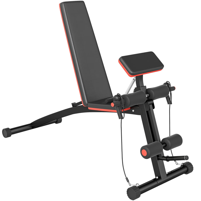 Banco de Musculación Plegable, Banco de Pesas, Respaldo Inclinable de 7 Niveles, Extensión de Pierna, Cojín de Predicador, Banda de Resistencia, para Entrenamiento Completo, Casa Gimnasio, Rojo