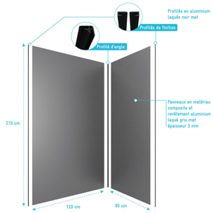 LOT de 2 Panneaux Muraux Aluminium GRIS 90+120x210 cm avec Profilés NOIR MAT - WALL'IT