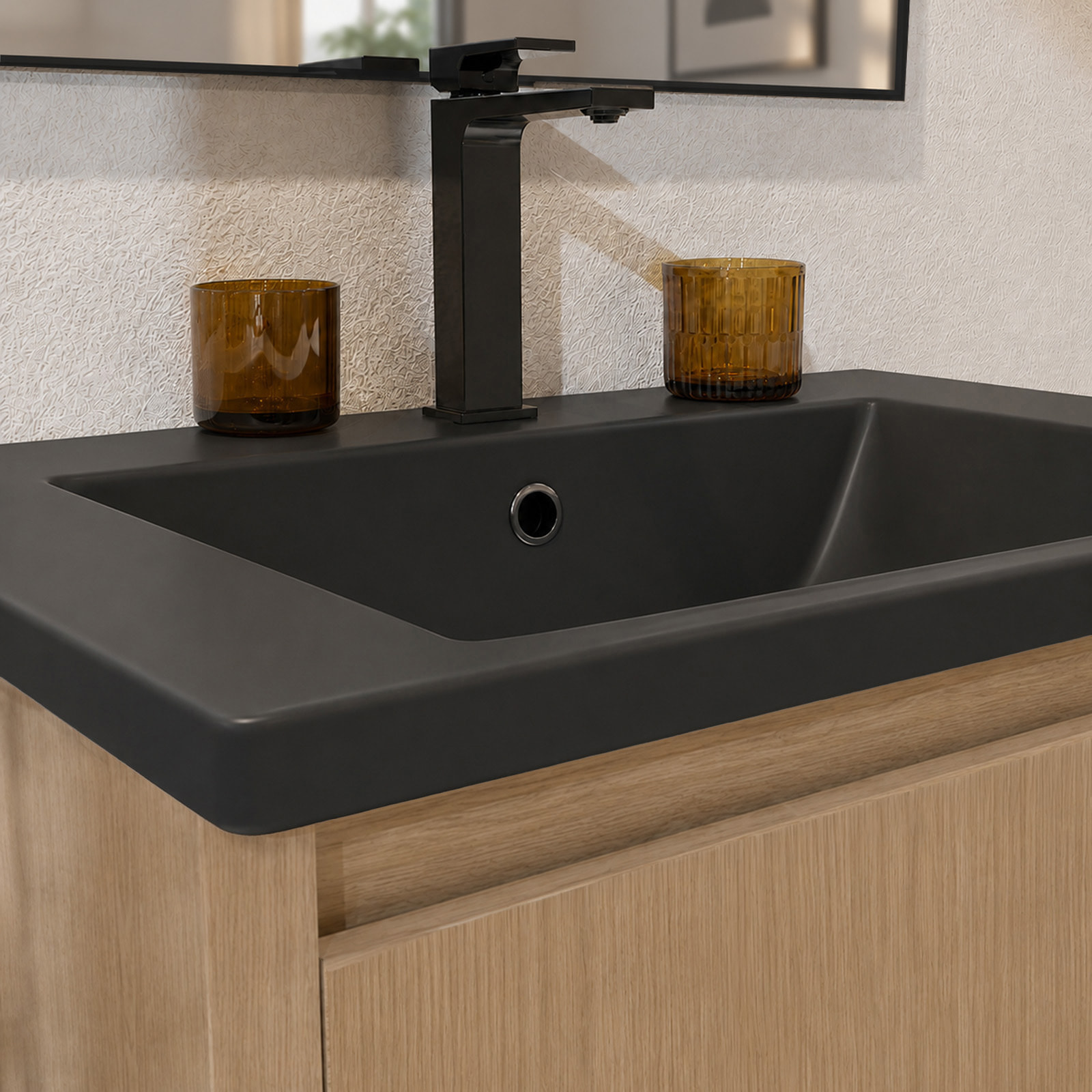 Meuble de Salle de Bains 50cm 3 tiroirs Chêne Clair, Vasque Noire et Miroir Cadre Noir 50x70 XENOS