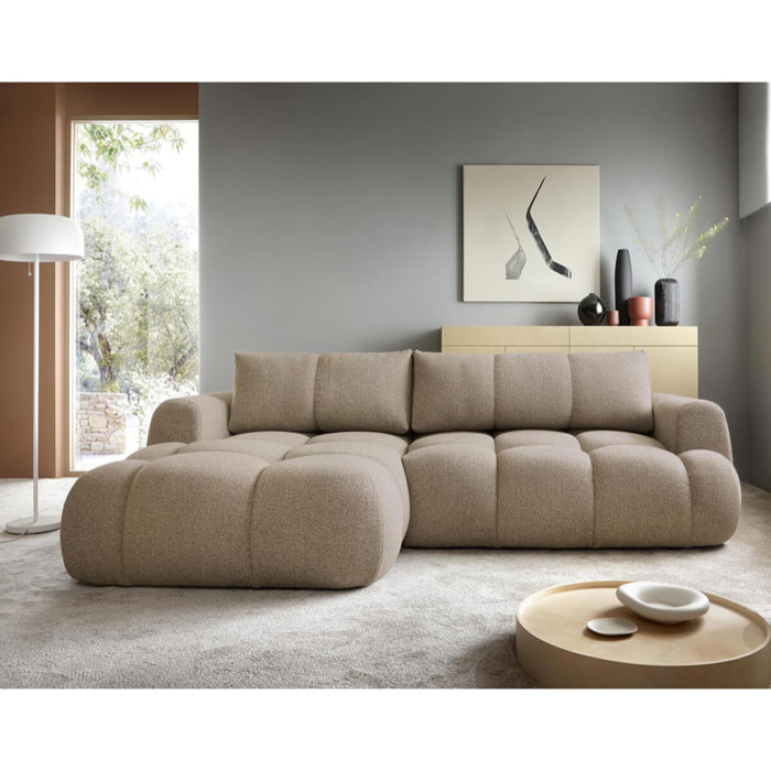 Yulin - Canapé d'angle gauche 4 places convertible avec coffre en tissu bouclette - Marron