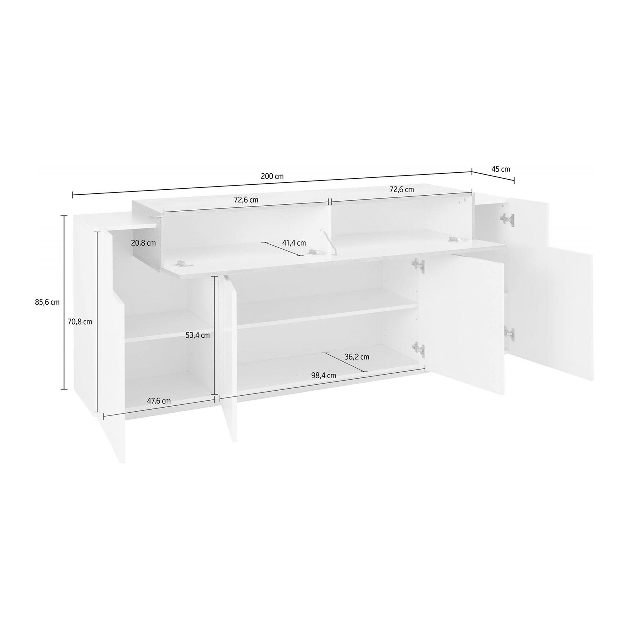 Credenza moderna a 5 ante, Made in Italy, Madia da cucina, Buffet di design da soggiorno, cm 200x45h86, colore Bianco lucido e Cemento