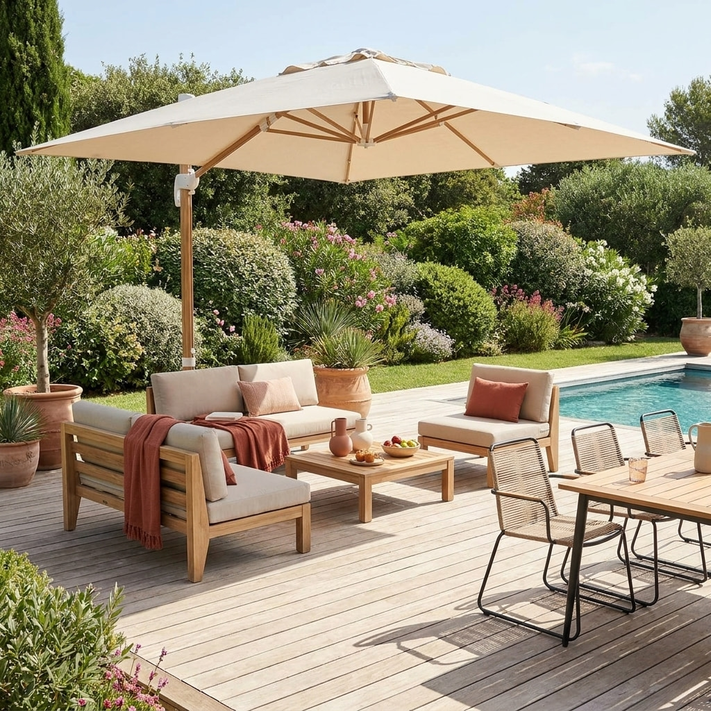Parasol déporté rectangulaire 3x4m, mât effet bois WIMEREUX