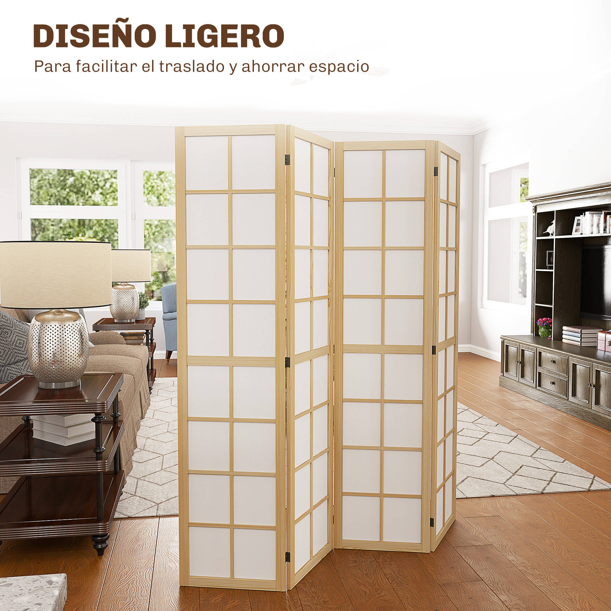 Biombo de 4 Paneles Plegable, Separador de Ambientes con Marco de Madera, 160x170 cm, Pantalla de Privacidad para Dormitorio, Oficina, Salón, Natural
