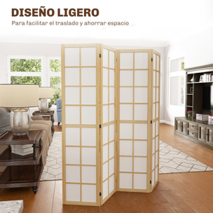 Biombo de 4 Paneles Plegable, Separador de Ambientes con Marco de Madera, 160x170 cm, Pantalla de Privacidad para Dormitorio, Oficina, Salón, Natural