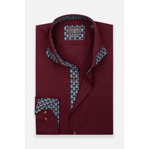 Camicia Uomo 1 Bottone Francese Slim Popeline Stretch Unito Bordeaux