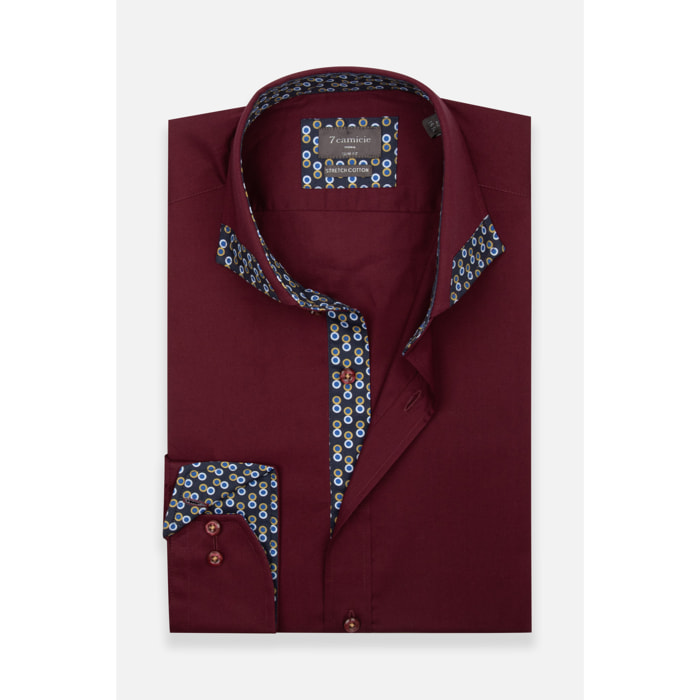 Camicia Uomo 1 Bottone Francese Slim Popeline Stretch Unito Bordeaux