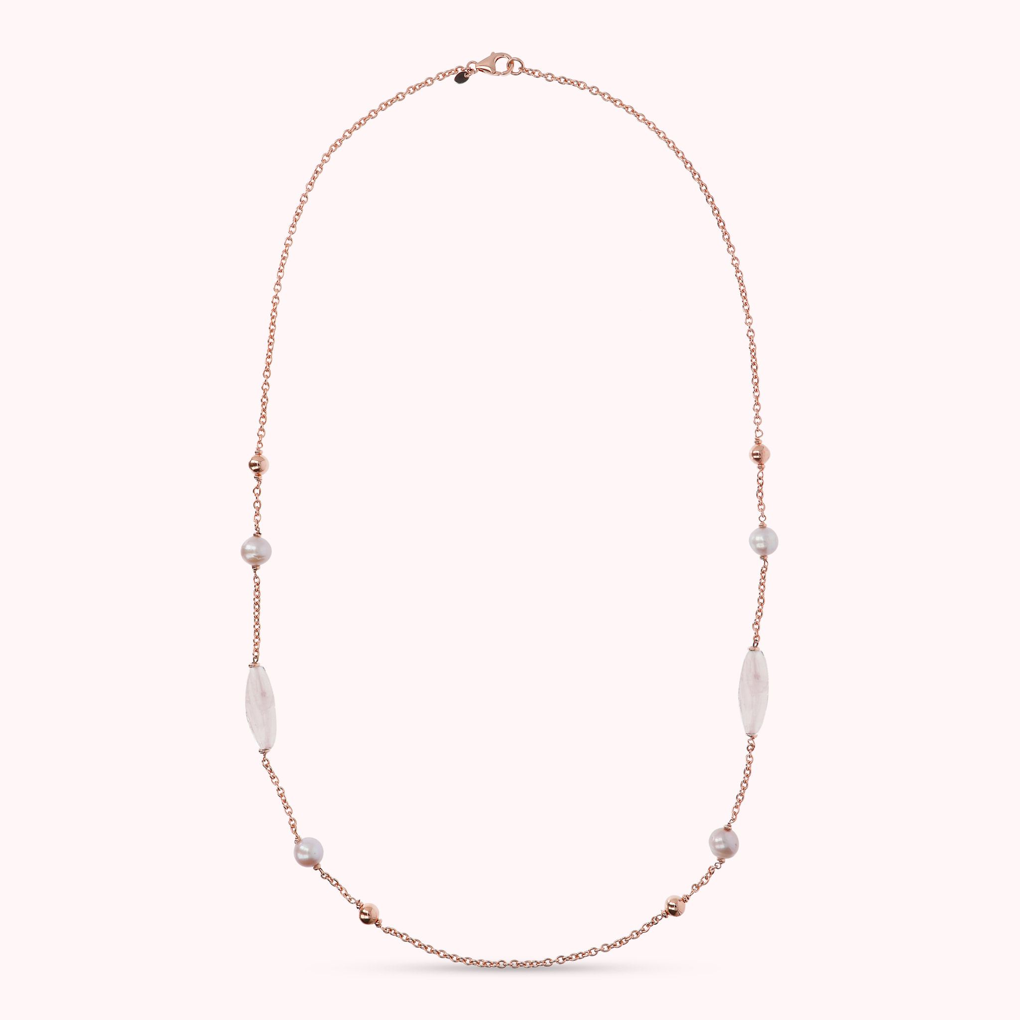 Collana Lunga con Bead Lucide, Quarzo Rosa e Perle Ming d'Acqua Dolce Ø 9/10 mm