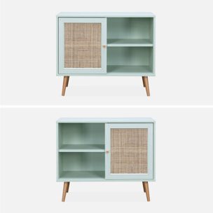 Meuble de rangement en cannage 80x39x65.8cm  Bohème - Vert céladon-  2 niveaux - 1 porte -  pieds scandinaves. buffet bas