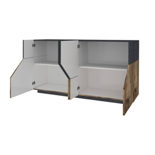 Credenza moderna a 4 ante geometriche, Made in Italy, Madia da ingresso, Buffet di design da soggiorno, Cm 200x43h86, Ardesia e Acero