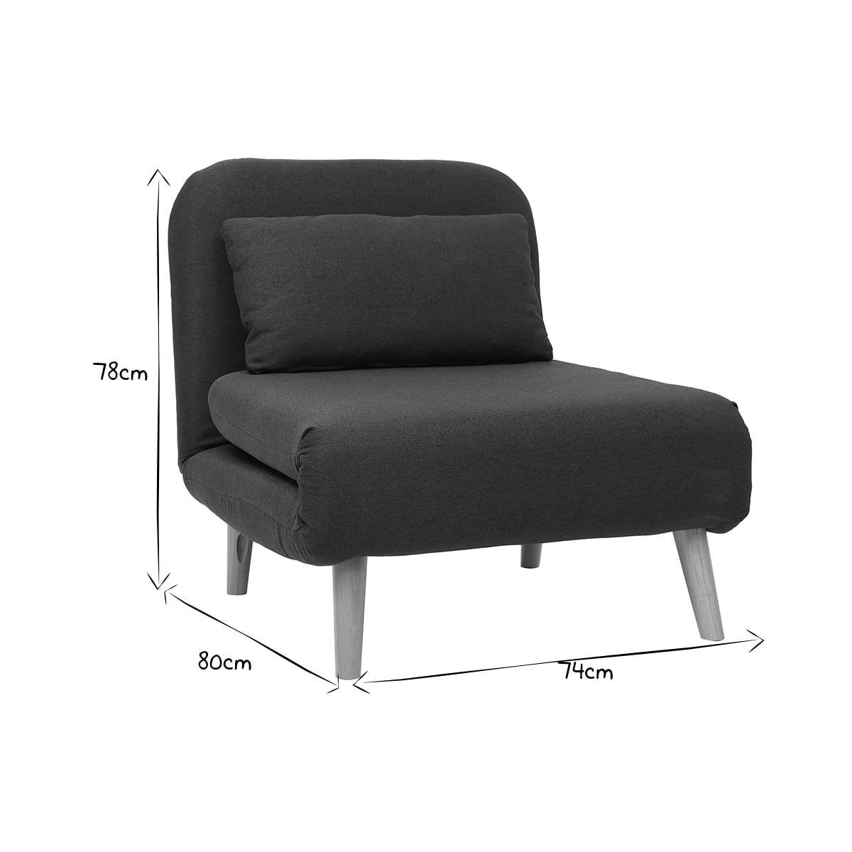 Fauteuil convertible scandinave en tissu gris foncé et bois noir AMIKO