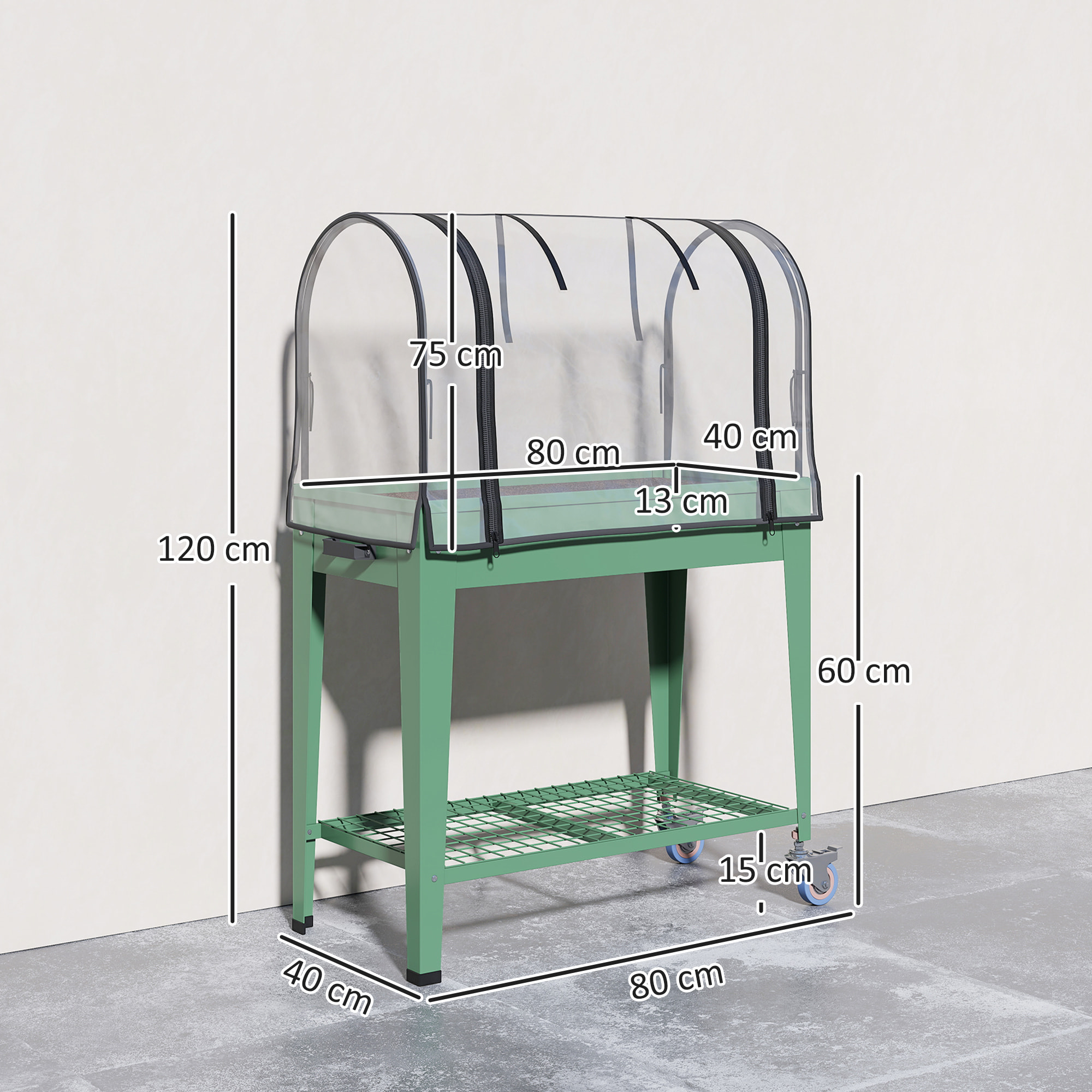 Huerto Urbano Elevado con Ruedas, Mesa de Cultivo con Cubierta de Invernadero y Estante Inferior para Cultivo, Plantas, Flores y Verduras, 80x40x120 cm, Verde