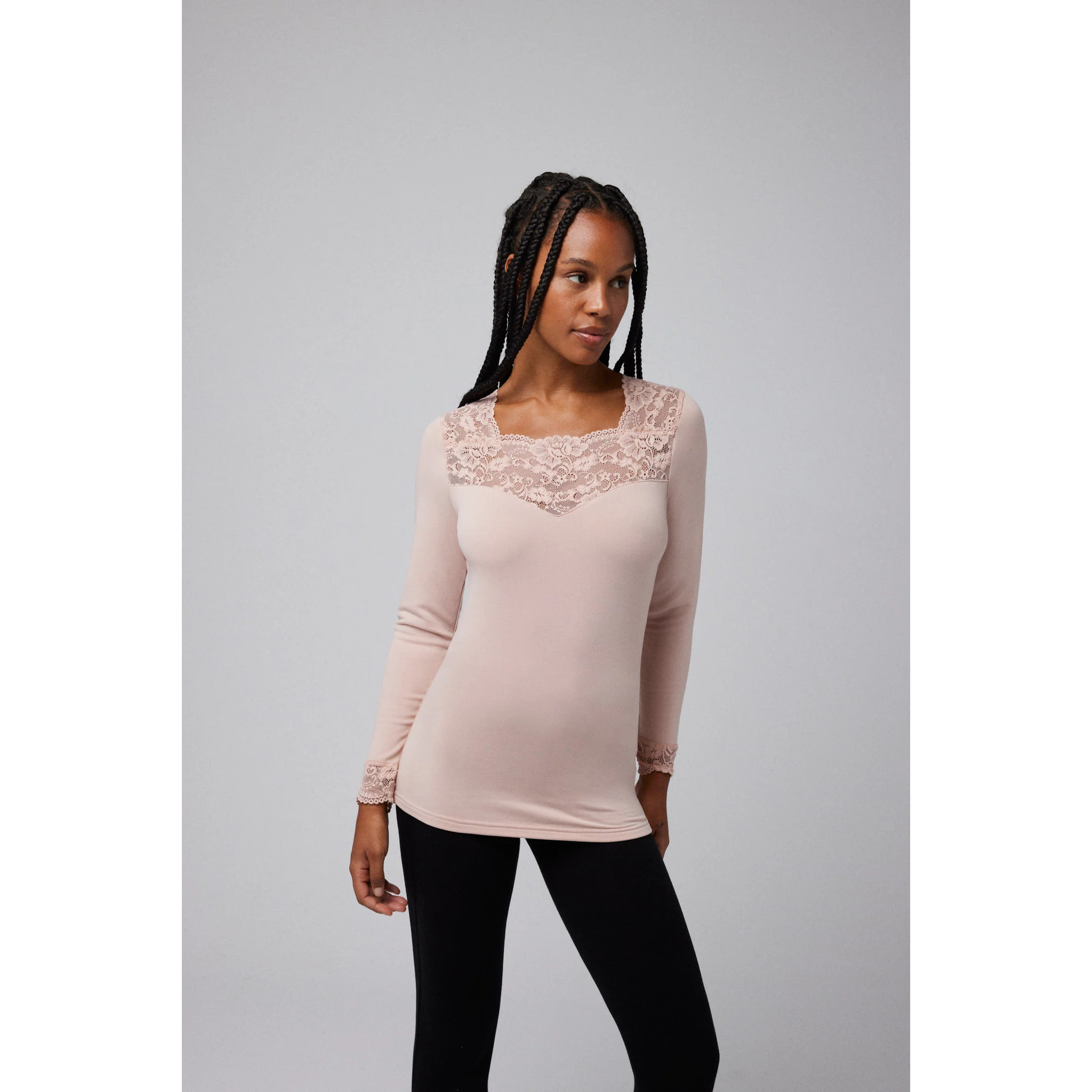 Maglietta termica in pizzo a maniche lunghe beige