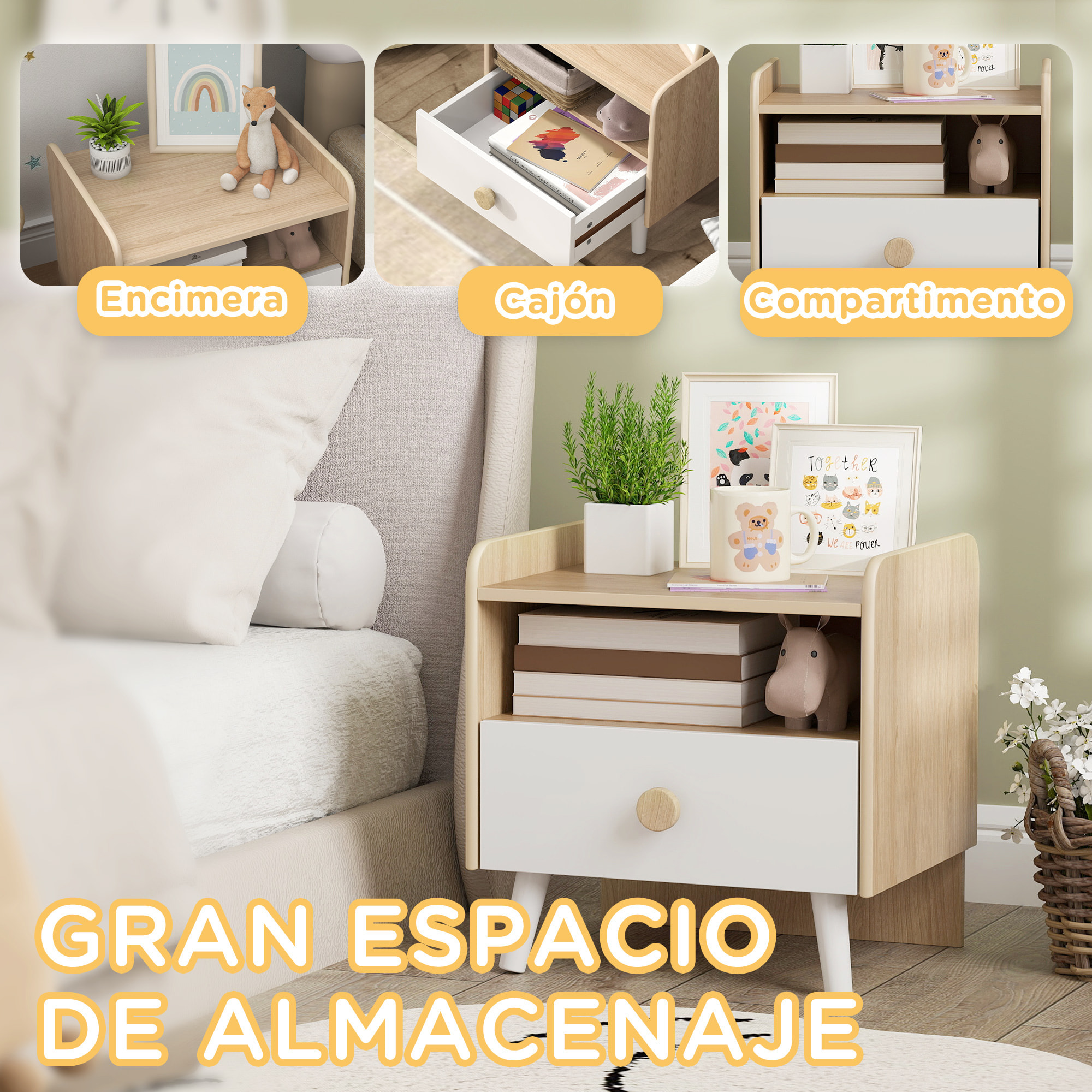 Mesita de Noche Infantil de Madera Mesita de Noche para Niños de +3 Años con Cajón y Bordes Redondeados para Dormitorio Roble y Blanco
