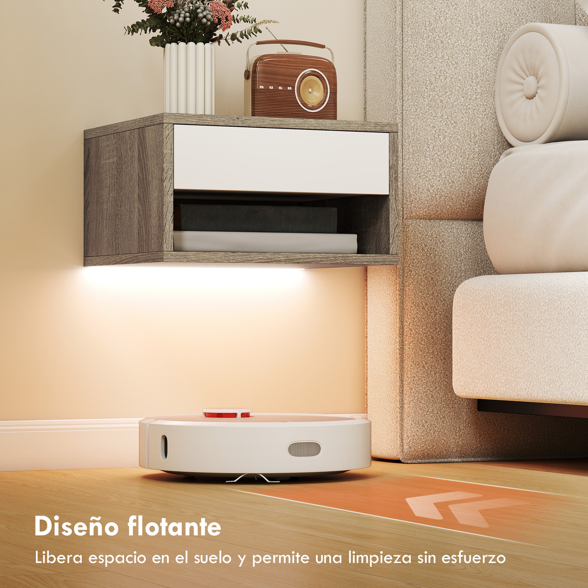 Juego de 2 Mesitas de Noche Flotantes con Luces LED RGB Control de APP, Mesillas de Noche Dormitorio con Cajón, Estante Abierto, para Sala de Estar, 37x32x21 cm, Natural y Blanco