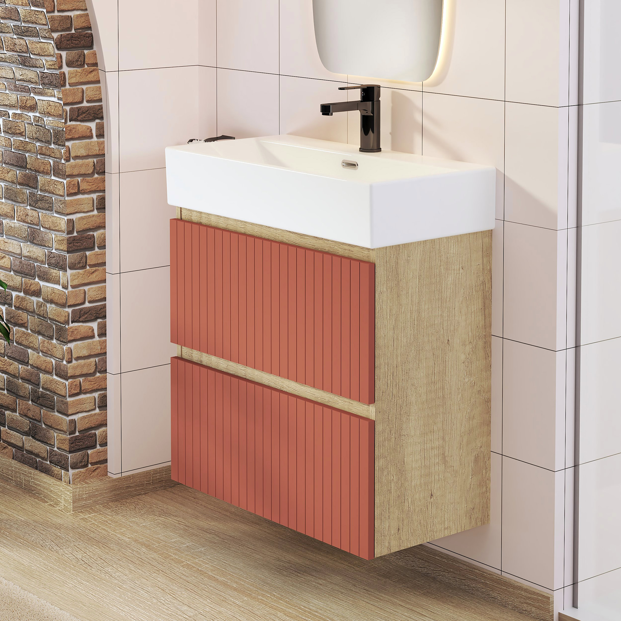Ensemble de Salle de Bain Zel | Meuble Suspendu | 70 cm Écarlate | Deux Tiroirs | Lavabo Encastré | Miroir non inclus | Meuble Monté | Alday
