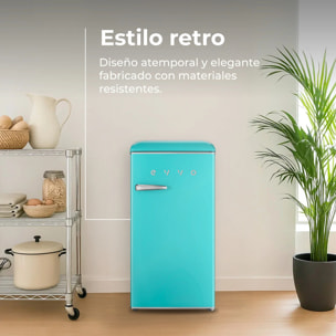 EVVO Frigorífico Mini F26 Retro Azul Pastel, 95 litros, diseño vintage, bajo consumo, silencioso