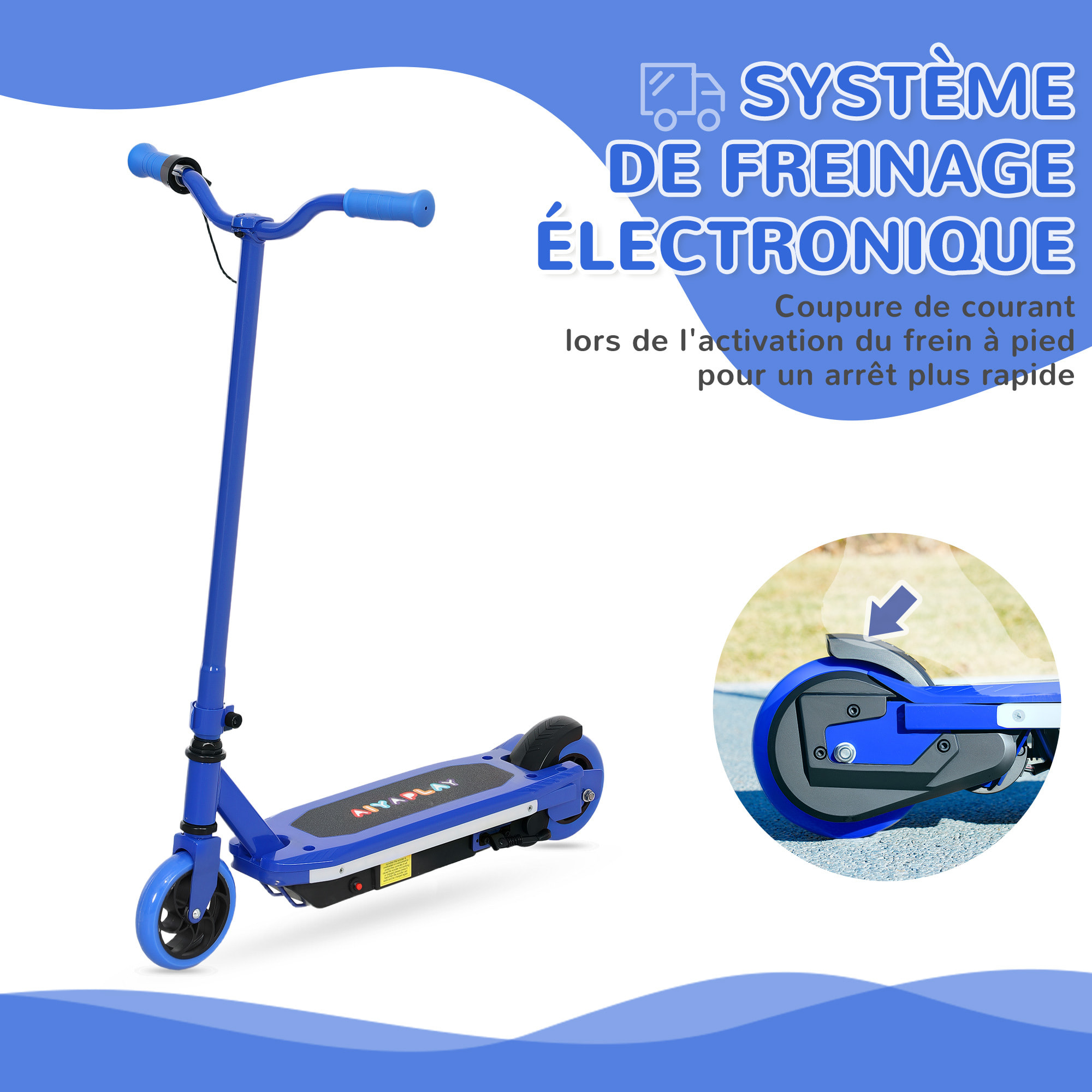 Trottinette électrique enfant LED multicolore max. 10Km/h autonomie 8Km béquille acier bleu