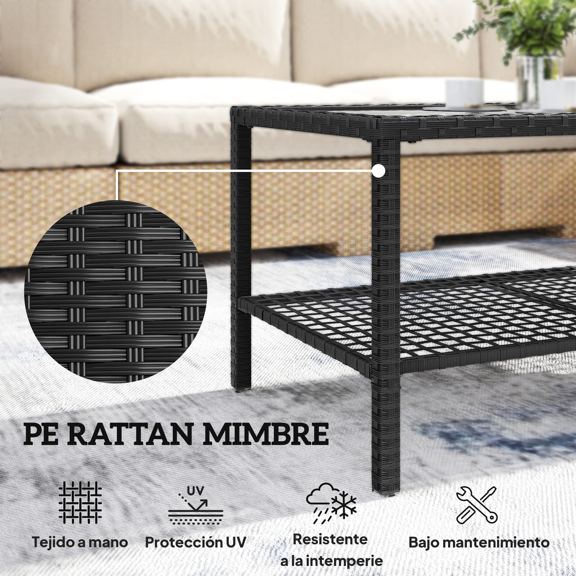 Mesa de Jardín de Ratán, Mesita Auxiliar con Estante, Tablero de Vidrio Templado, Estructura de Acero, para Terraza, Patio, Balcón, 92x50x45 cm, Negro