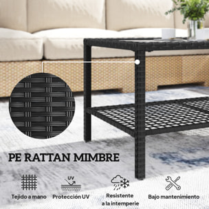 Mesa de Jardín de Ratán, Mesita Auxiliar con Estante, Tablero de Vidrio Templado, Estructura de Acero, para Terraza, Patio, Balcón, 92x50x45 cm, Negro