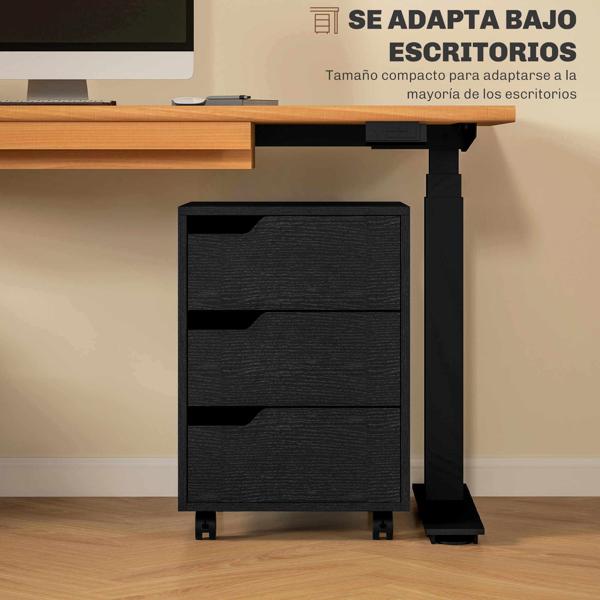 Cajonera de Oficina con Ruedas Mueble Archivador con 3 Cajones Cajonera para Escritorio Estudio 40x50x57,5 cm Negro
