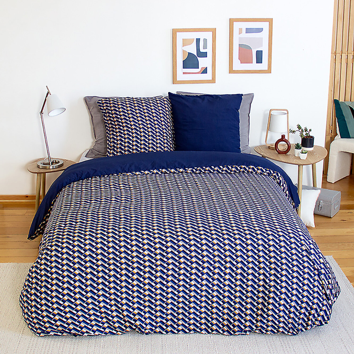 Parure housse de couette en microfibre motif géométrique -bleu