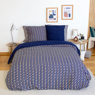 Parure housse de couette en microfibre motif géométrique -bleu