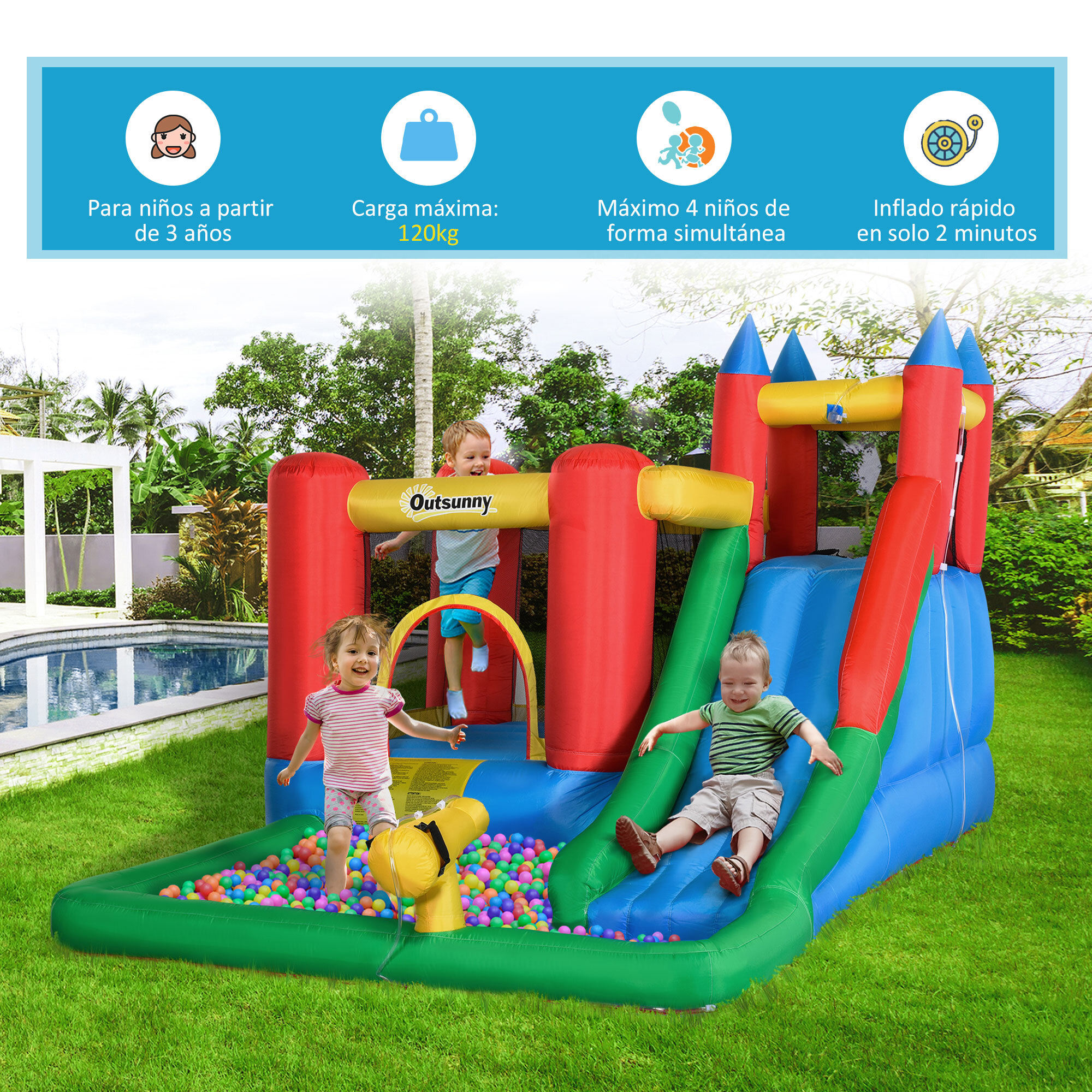 Castillo Hinchable con Tobogán Cama de Salto y Piscina para Niños +3 Años con Inflador y Bolsa de Transporte para Interior Exterior 330x245x215 cm Multicolor