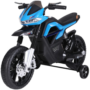 Moto électrique pour enfants 25 W 6 V 3 Km/h effets lumineux et sonores roulettes amovibles bleu