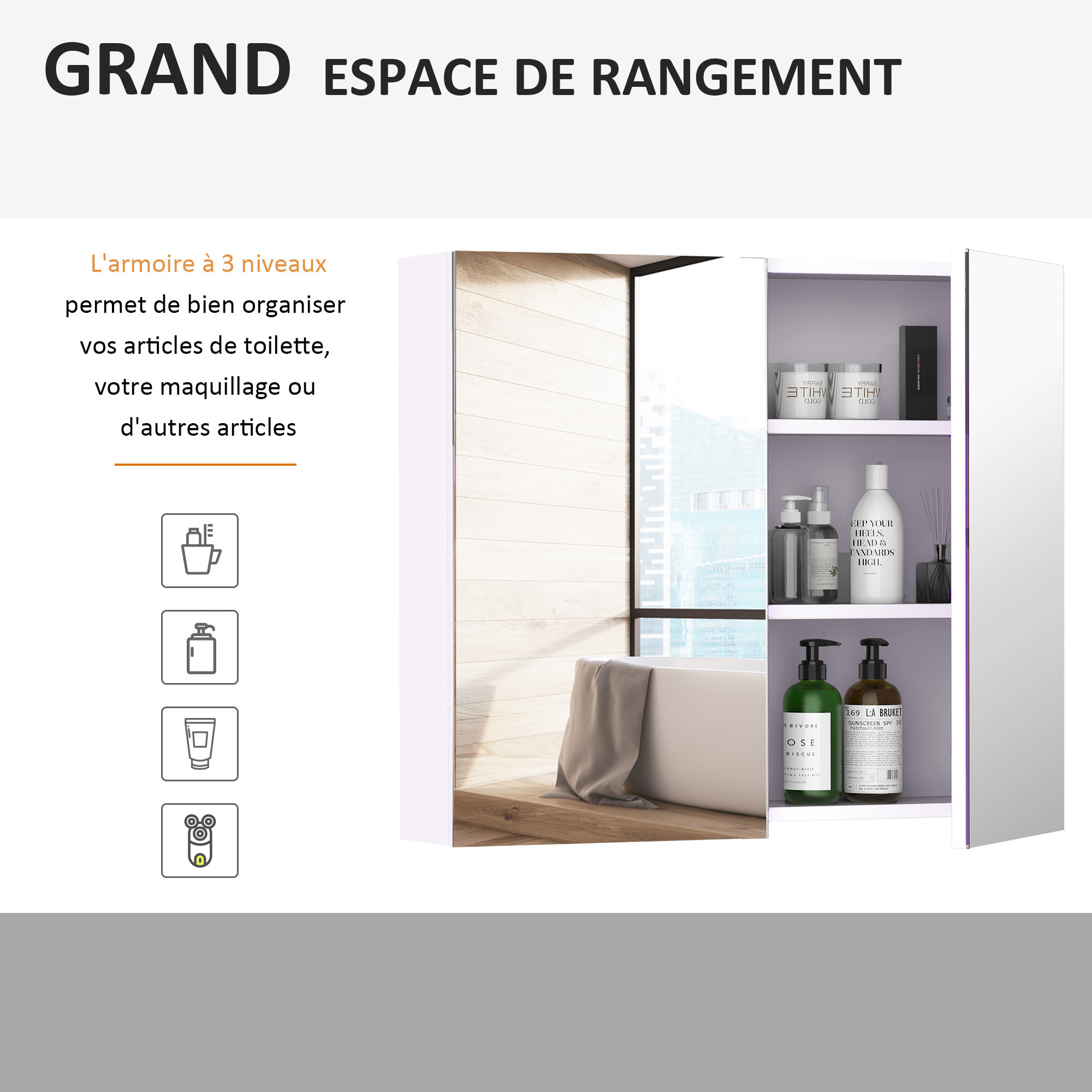 Armoire miroir murale de salle de bain 3 étagères réglables dim. 70L x 60H cm blanc