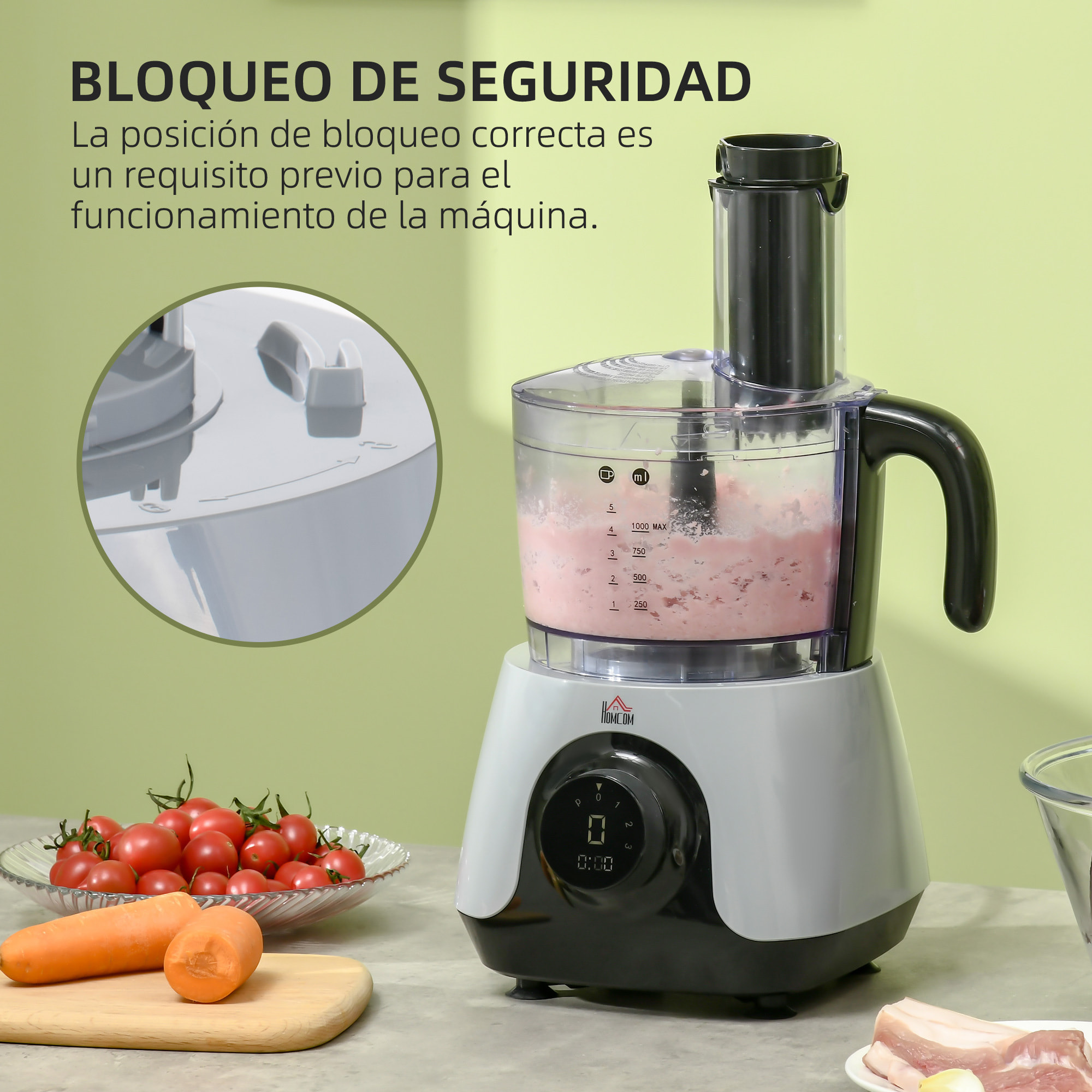 HOMCOM Procesador de Alimentos Robot de Cocina 650W Bol de 1L Vaso de 1,25L Amasador Batidora Exprimidor con Pantalla LED 3 Velocidades Función de Pulso Acero Inoxidable 23,5x21x17,5 cm Plata